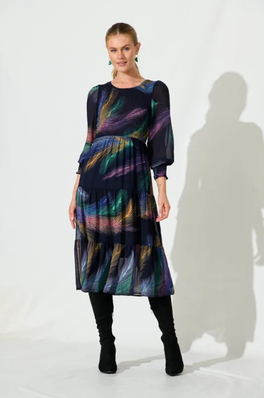 Jaseline Midi Dress In Navy Multi Leaf Chiffon sold by St Frock