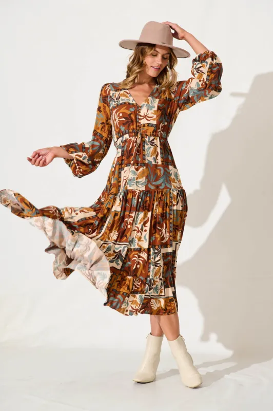 Financier Maxi Dress In Chocolate Multi Patchwork Print sold by St Frock