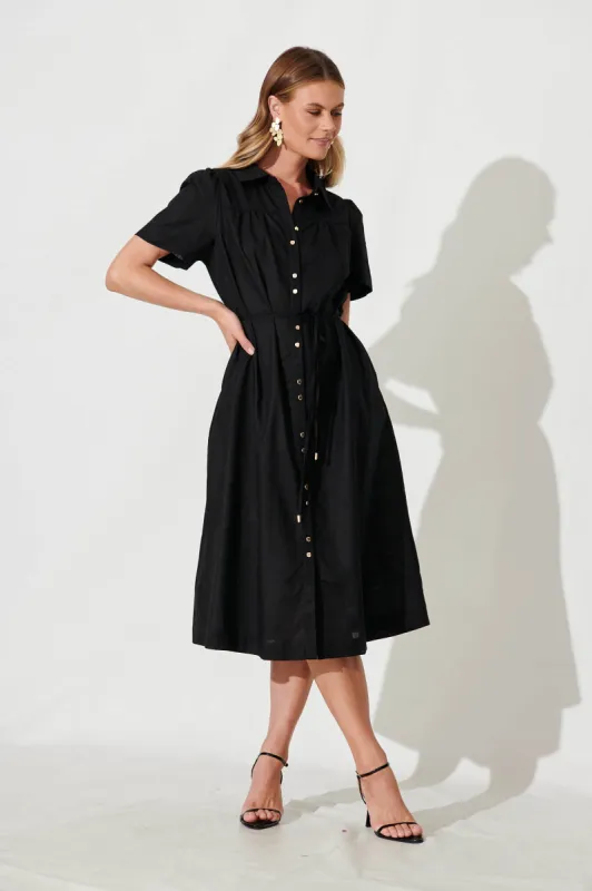 Oatland Midi Shirt Dress In Black Cotton Linen sold by St Frock