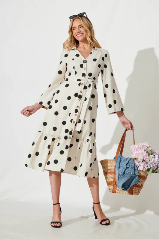 Zaria Midi Shirt Dress In Oatmeal Black Spot Linen Blend sold by St Frock