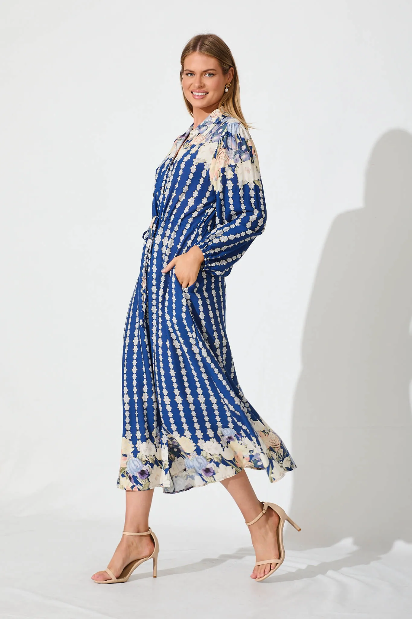 Celeste Midi Shirt Dress In Blue With Multi Floral Print sold by St Frock product image thumbnail 3