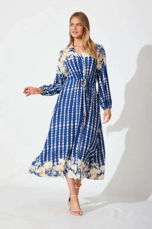 Celeste Midi Shirt Dress In Blue With Multi Floral Print sold by St Frock