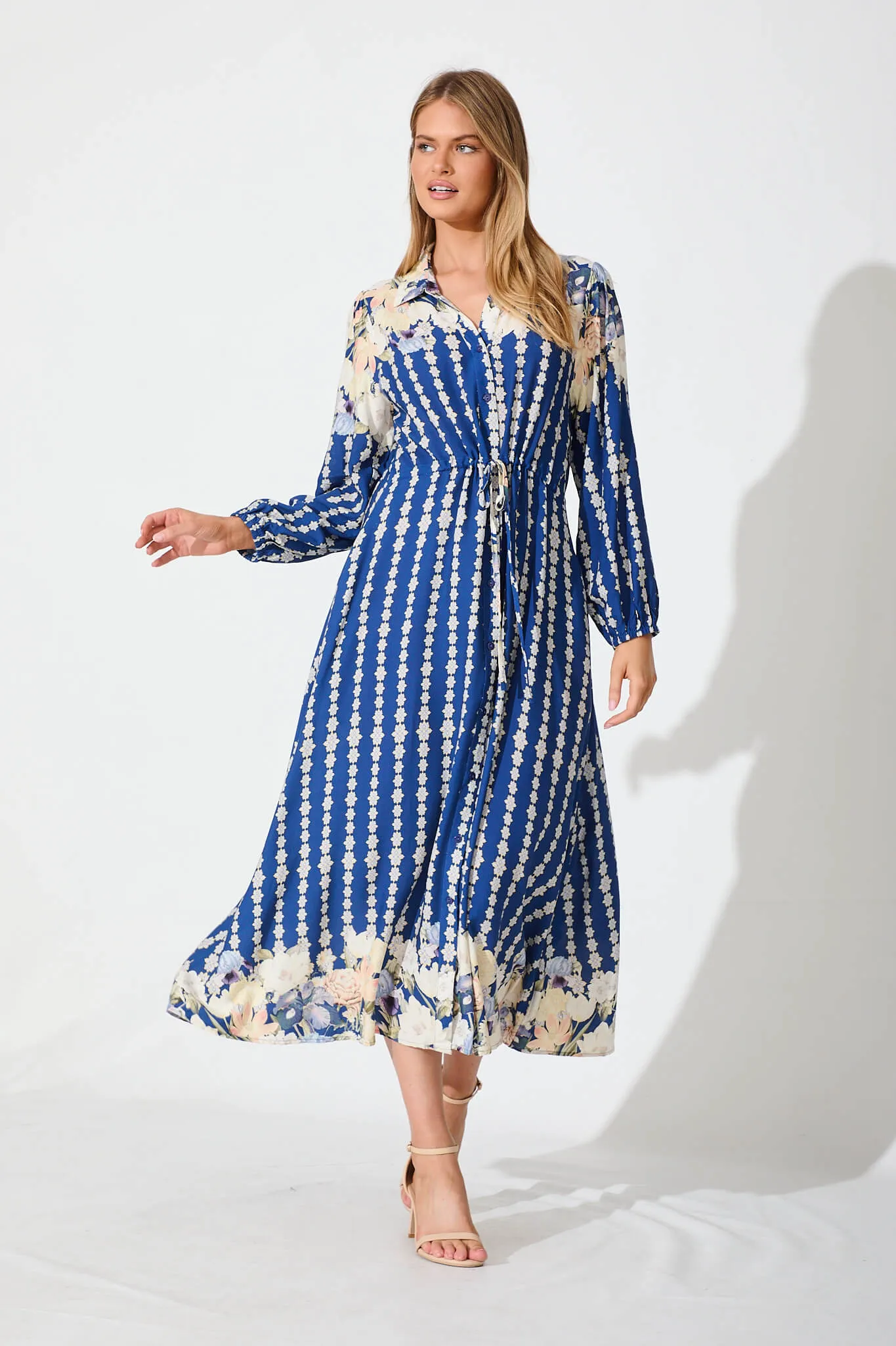 Celeste Midi Shirt Dress In Blue With Multi Floral Print sold by St Frock