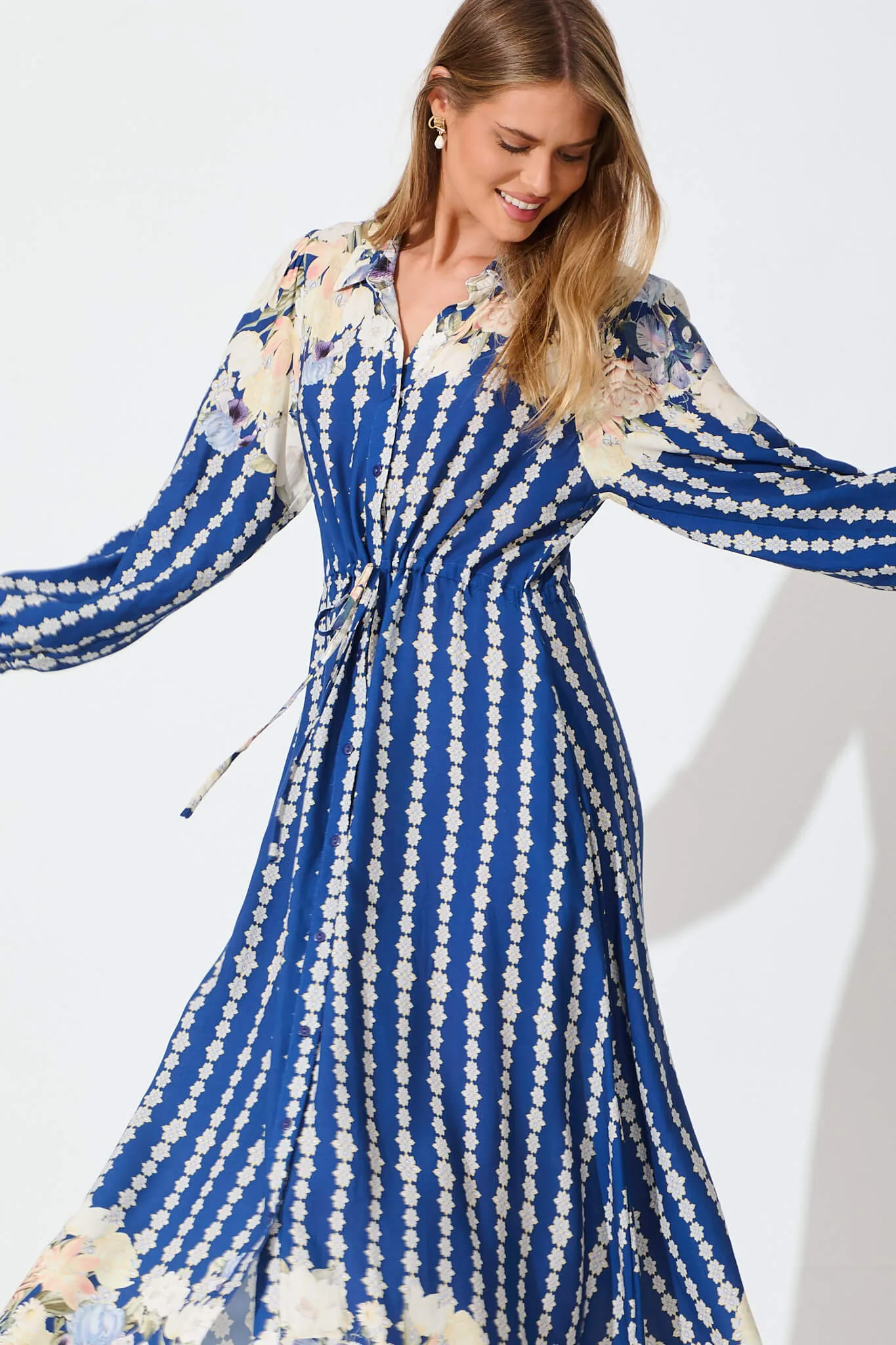 Celeste Midi Shirt Dress In Blue With Multi Floral Print sold by St Frock product image thumbnail 2
