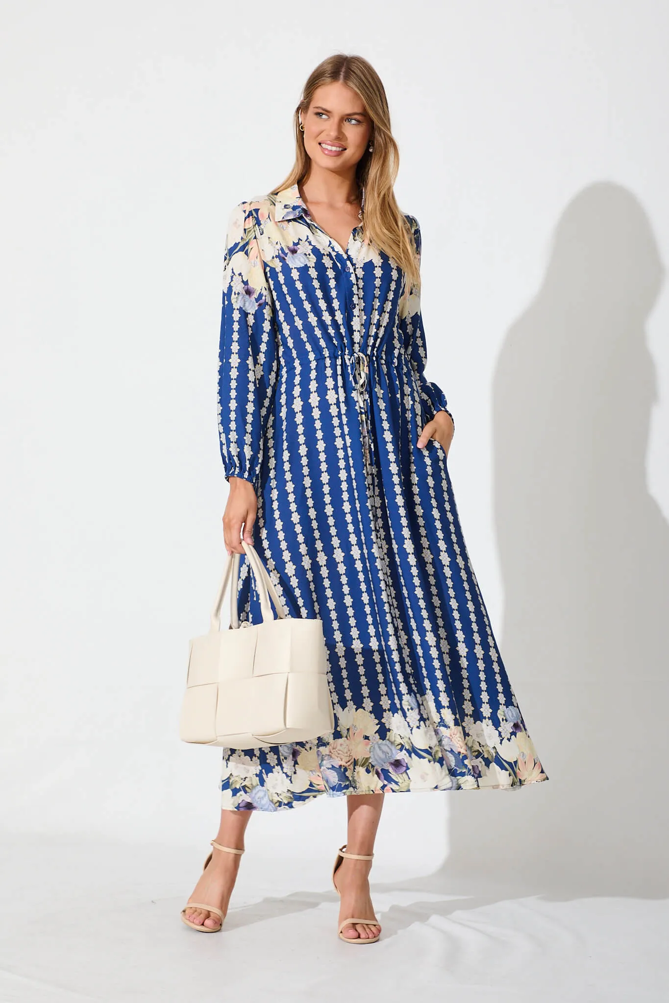Celeste Midi Shirt Dress In Blue With Multi Floral Print sold by St Frock product image thumbnail 5