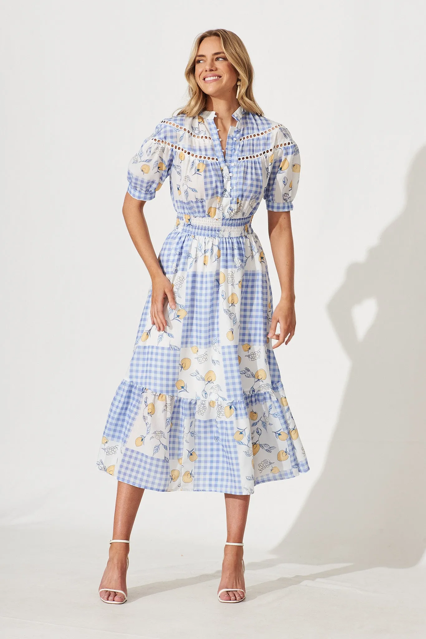 Lynette Midi Dress In Blue Gingham Check With Lemon Patch Print sold by St Frock