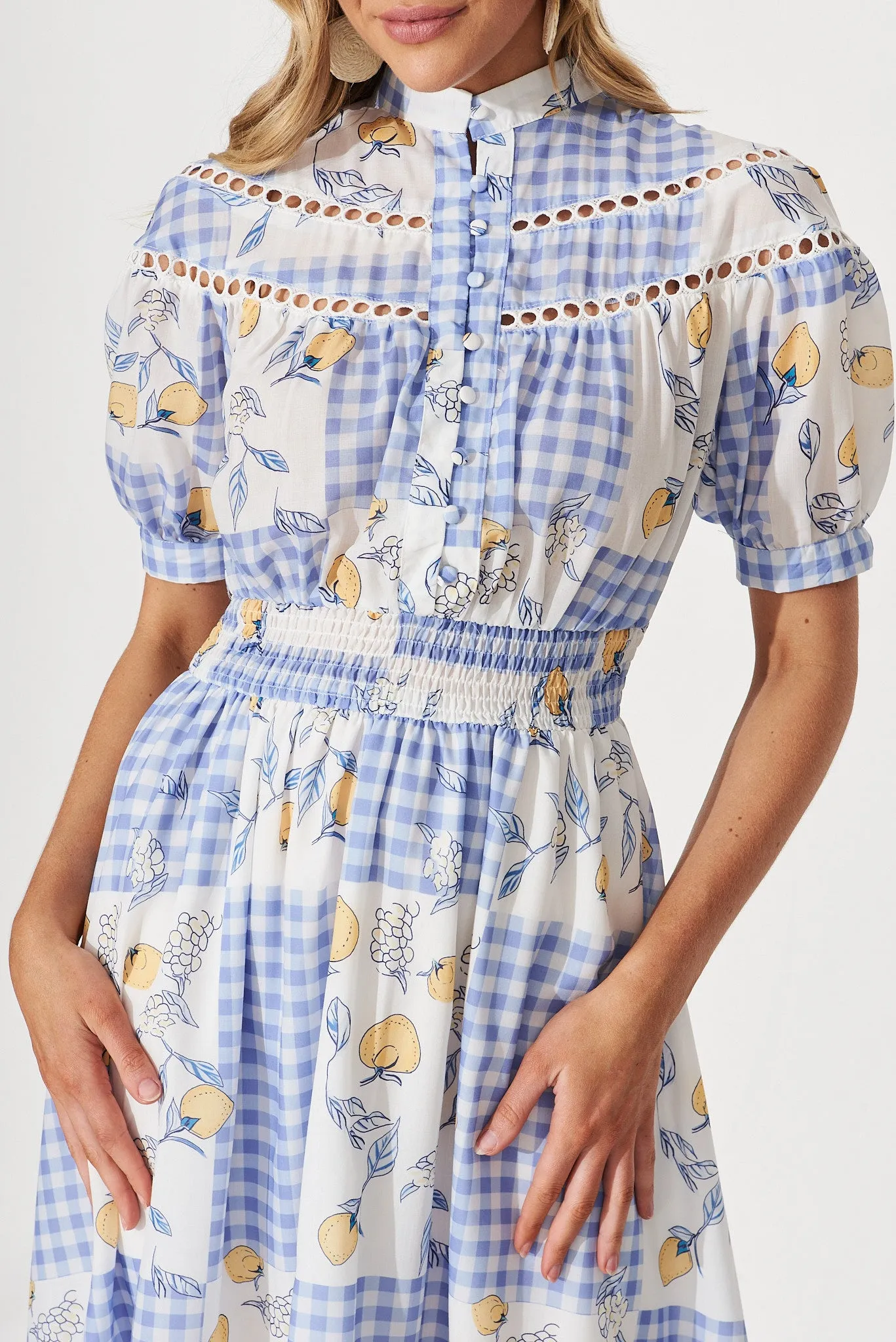 Lynette Midi Dress In Blue Gingham Check With Lemon Patch Print sold by St Frock product image thumbnail 5