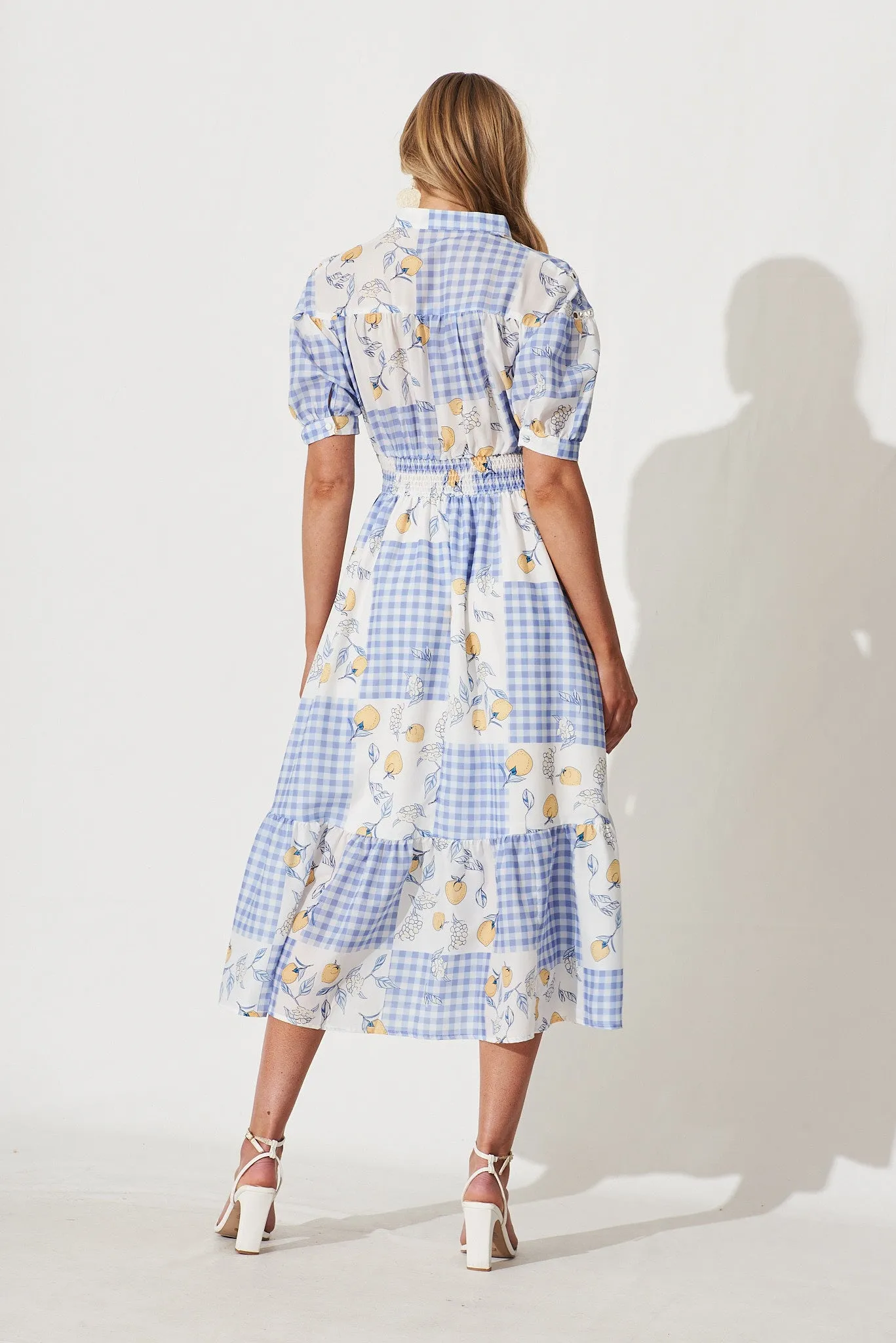 Lynette Midi Dress In Blue Gingham Check With Lemon Patch Print sold by St Frock product image thumbnail 4
