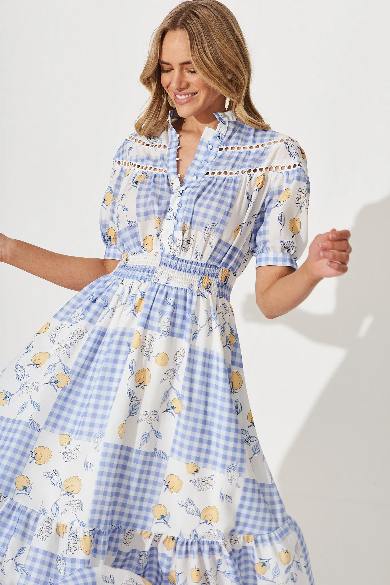 Lynette Midi Dress In Blue Gingham Check With Lemon Patch Print sold by St Frock product image thumbnail 2