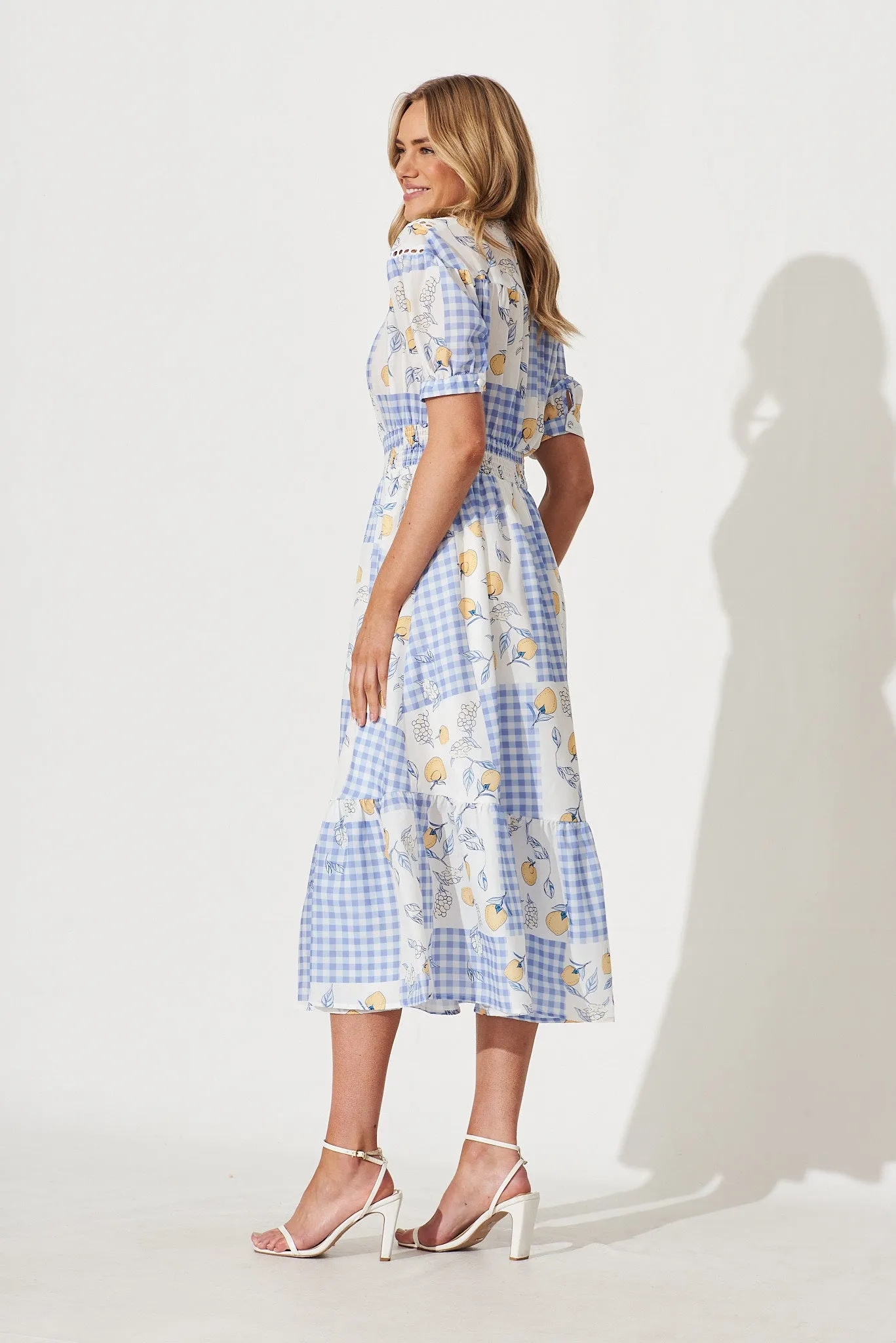 Lynette Midi Dress In Blue Gingham Check With Lemon Patch Print sold by St Frock product image thumbnail 3