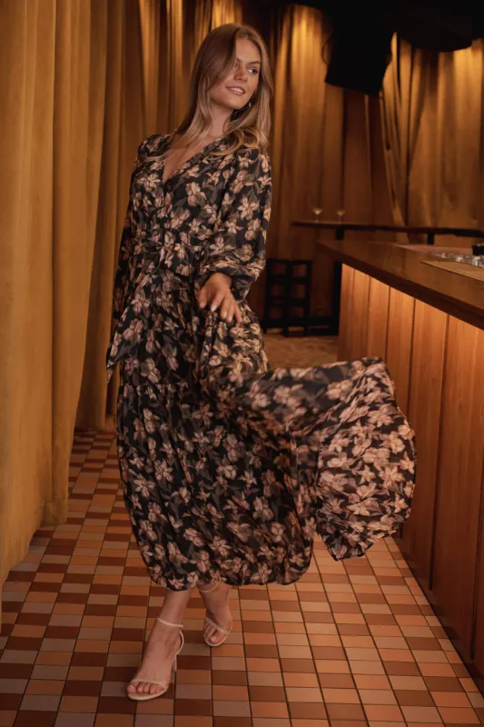 Bridie Maxi Dress In Black With Beige Floral sold by St Frock