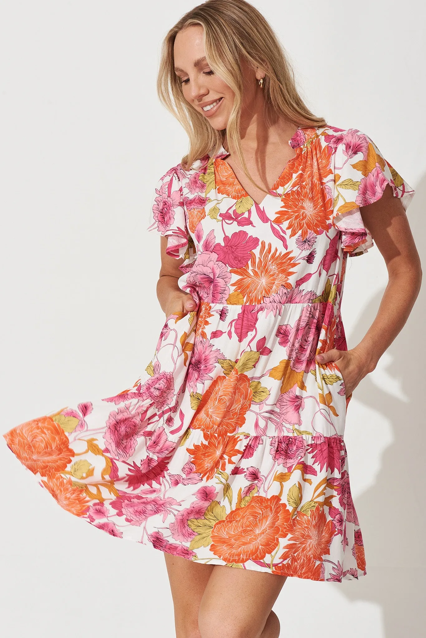 Tiarne Dress In Orange And Pink Floral sold by St Frock