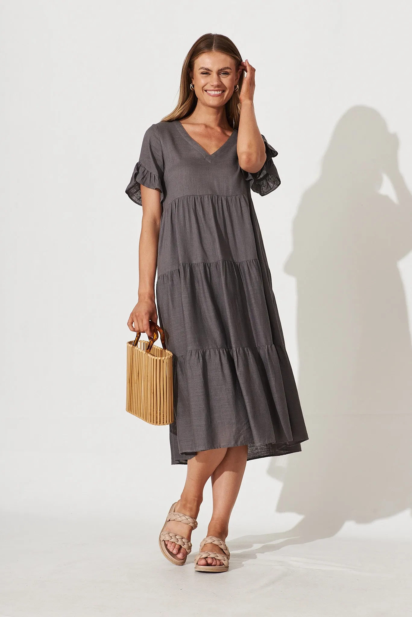 Kristen Midi Dress In Mocha Linen Blend sold by St Frock