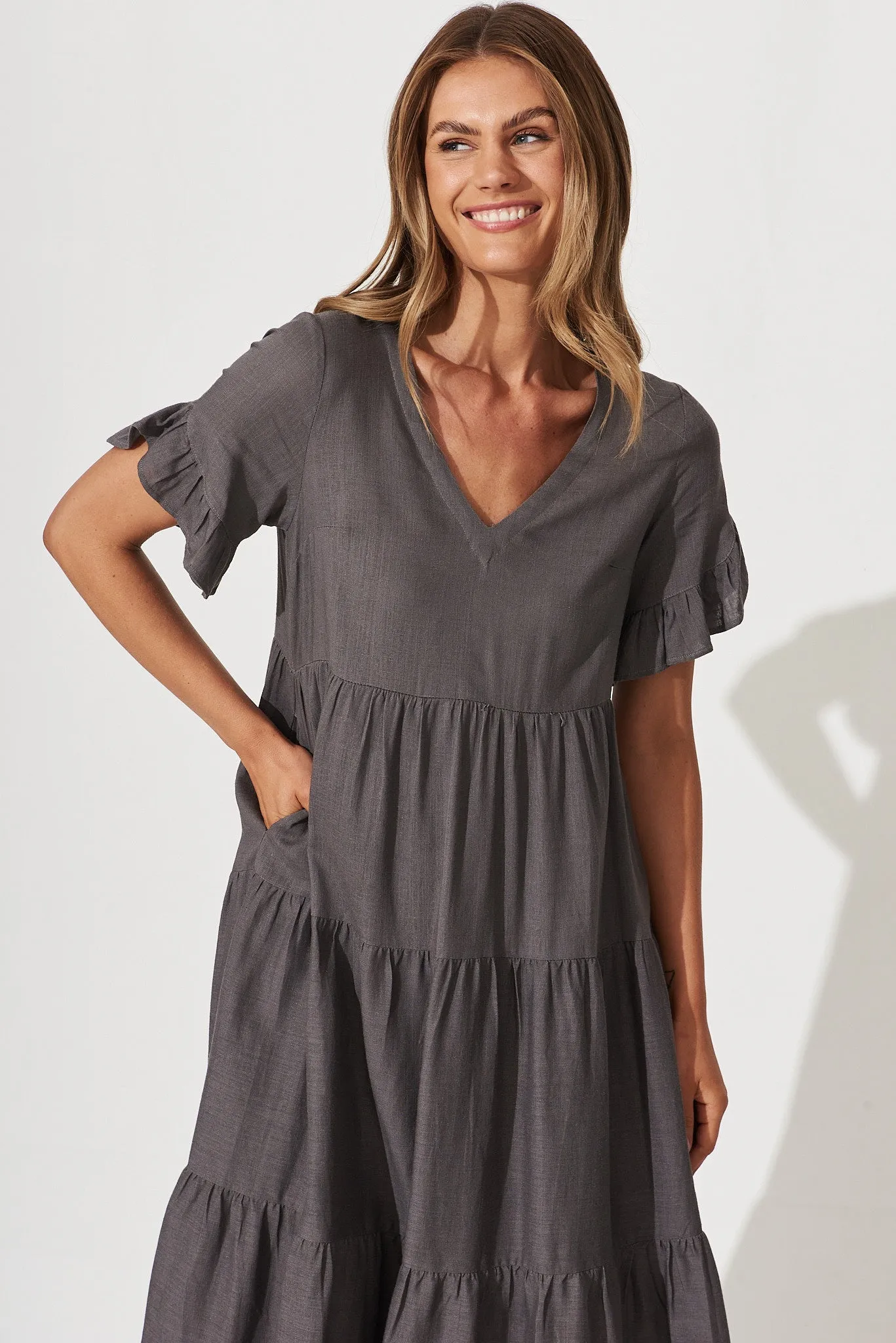 Kristen Midi Dress In Mocha Linen Blend sold by St Frock product image thumbnail 2
