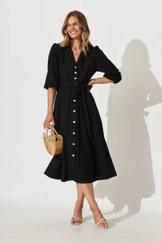 Minnie Midi Shirt Dress In Black Cotton sold by St Frock