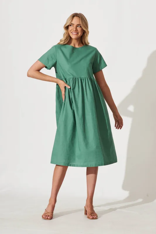 Seaside Midi Smock Dress In Sage Green Linen Cotton sold by St Frock