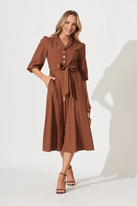 Minnie Midi Shirt Dress In Brown Plain Cotton sold by St Frock