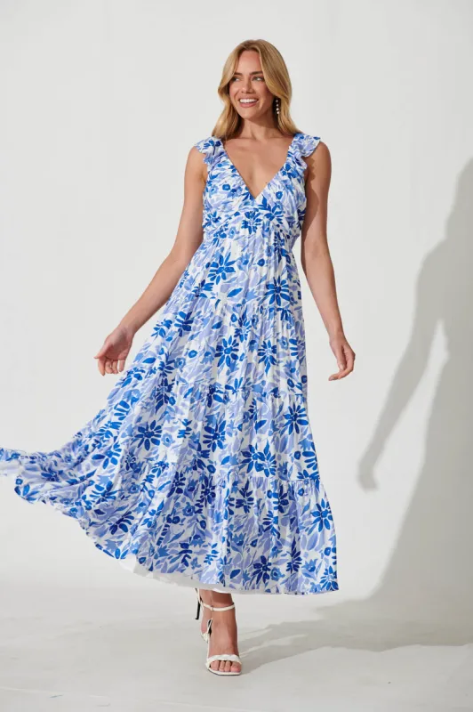 Monroe Maxi Sundress In Blue Floral sold by St Frock