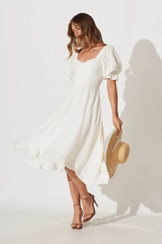 Bonjour Midi Dress In White Linen Blend sold by St Frock