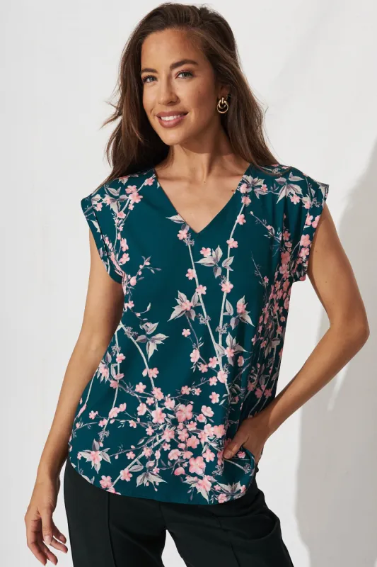 Jina Top In Teal With Pink Cherry Blossom sold by St Frock