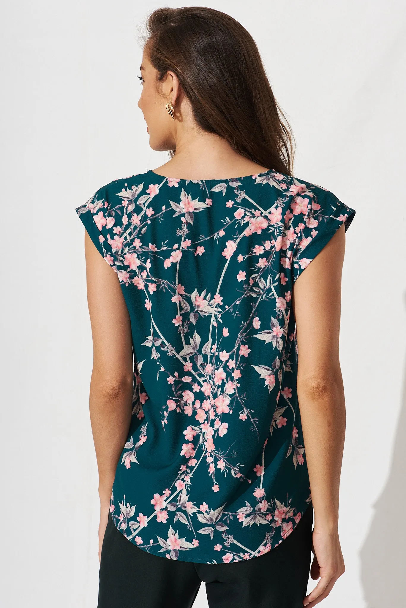 Jina Top In Teal With Pink Cherry Blossom sold by St Frock product image thumbnail 5