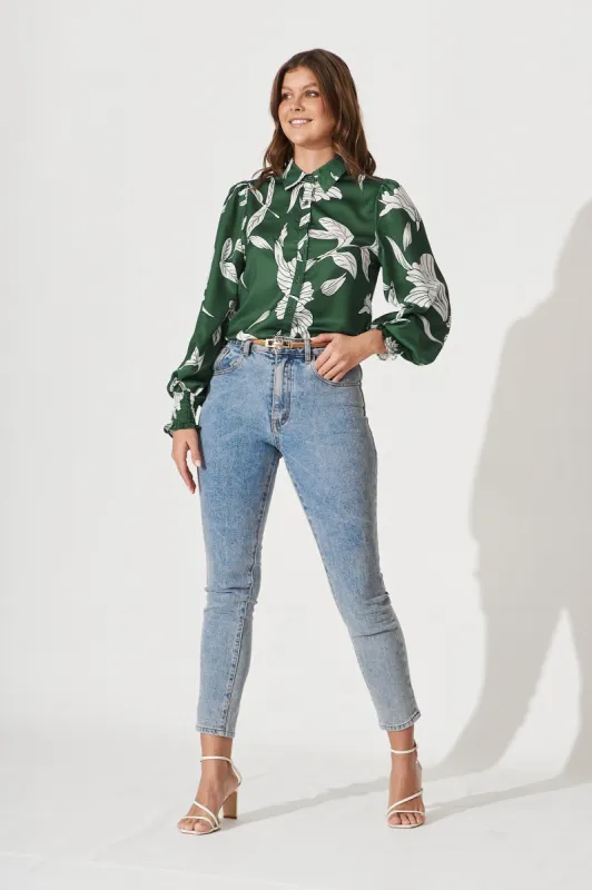 Callia Shirt In Green With White Floral Print sold by St Frock