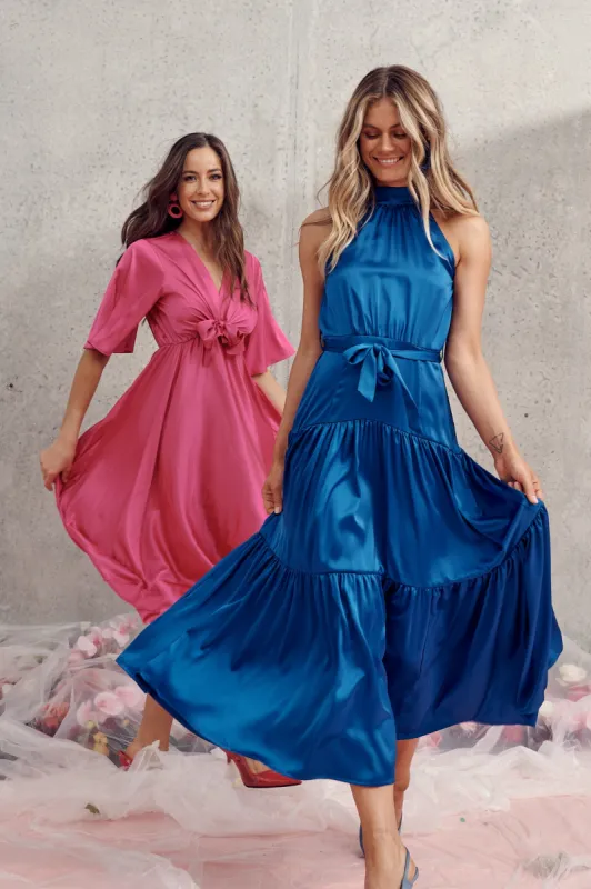 Khalo Dress In Cobalt Blue Satin sold by St Frock