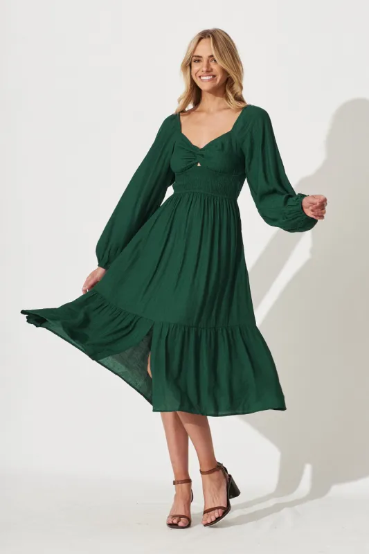 Antigua Midi Dress In Emerald Cotton Blend sold by St Frock