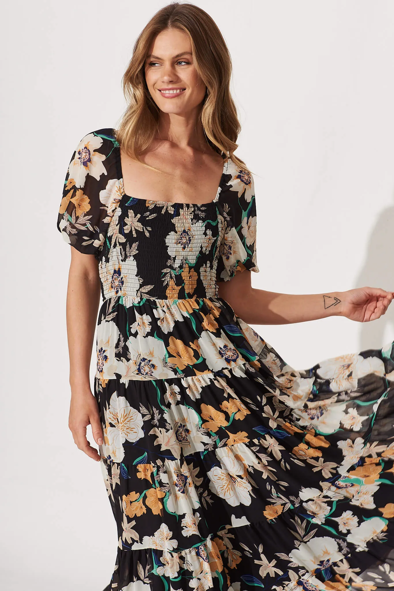 Kaito Midi Dress In Black With Cream Multi Floral Print sold by St Frock product image thumbnail 2