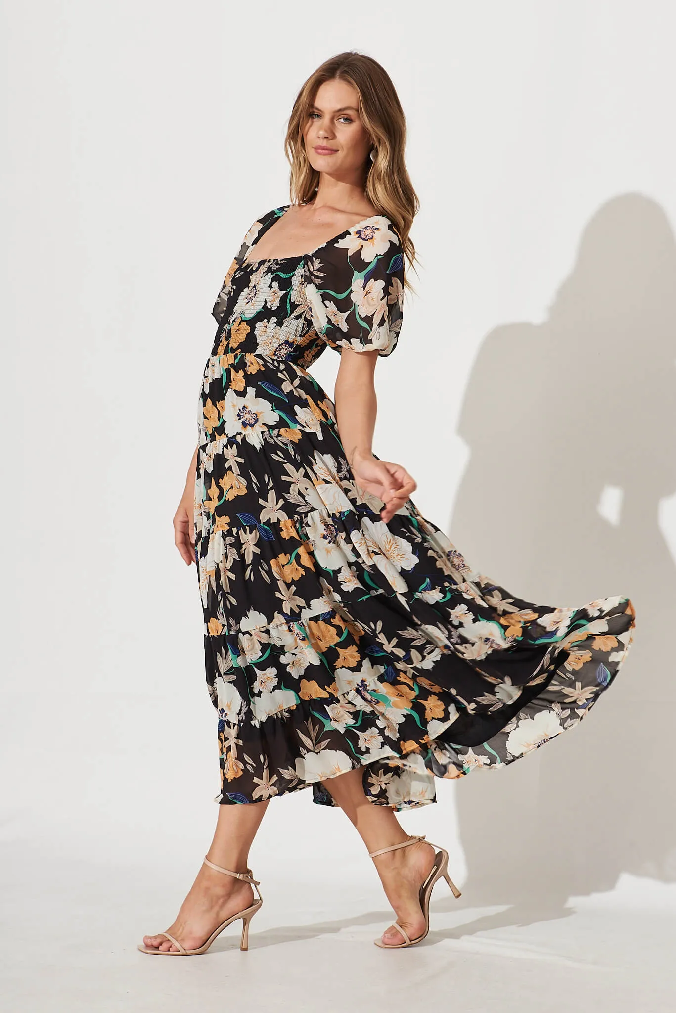 Kaito Midi Dress In Black With Cream Multi Floral Print sold by St Frock product image thumbnail 3