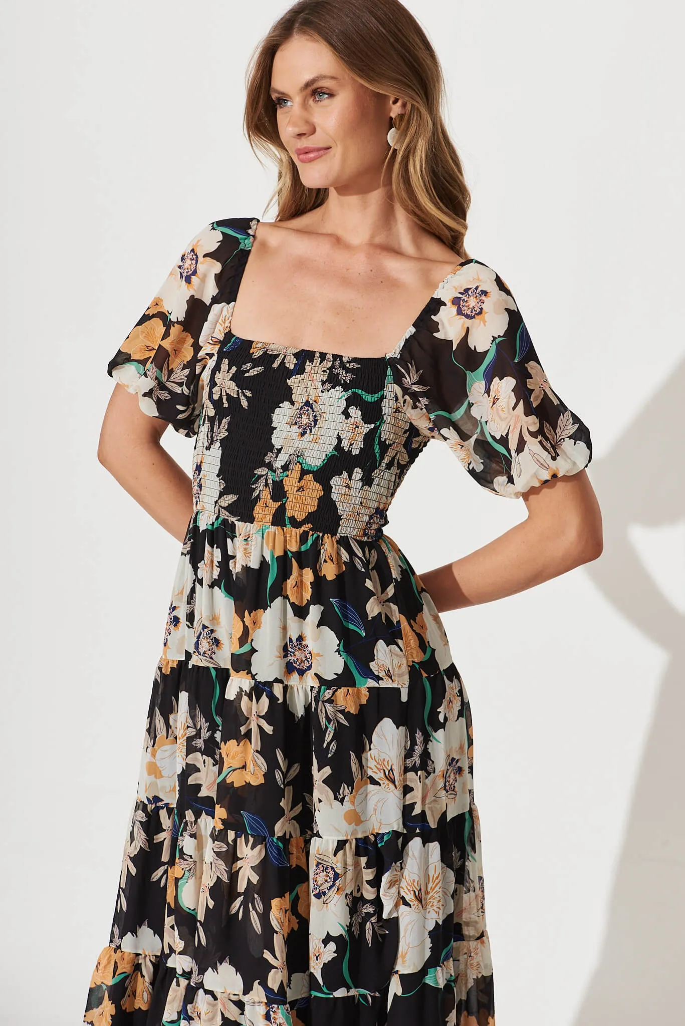 Kaito Midi Dress In Black With Cream Multi Floral Print sold by St Frock product image thumbnail 5