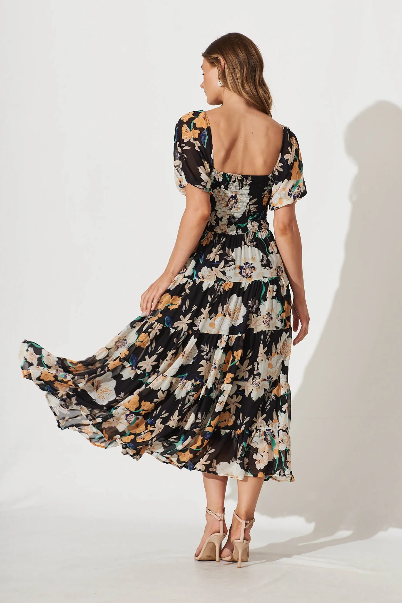 Kaito Midi Dress In Black With Cream Multi Floral Print sold by St Frock product image thumbnail 4
