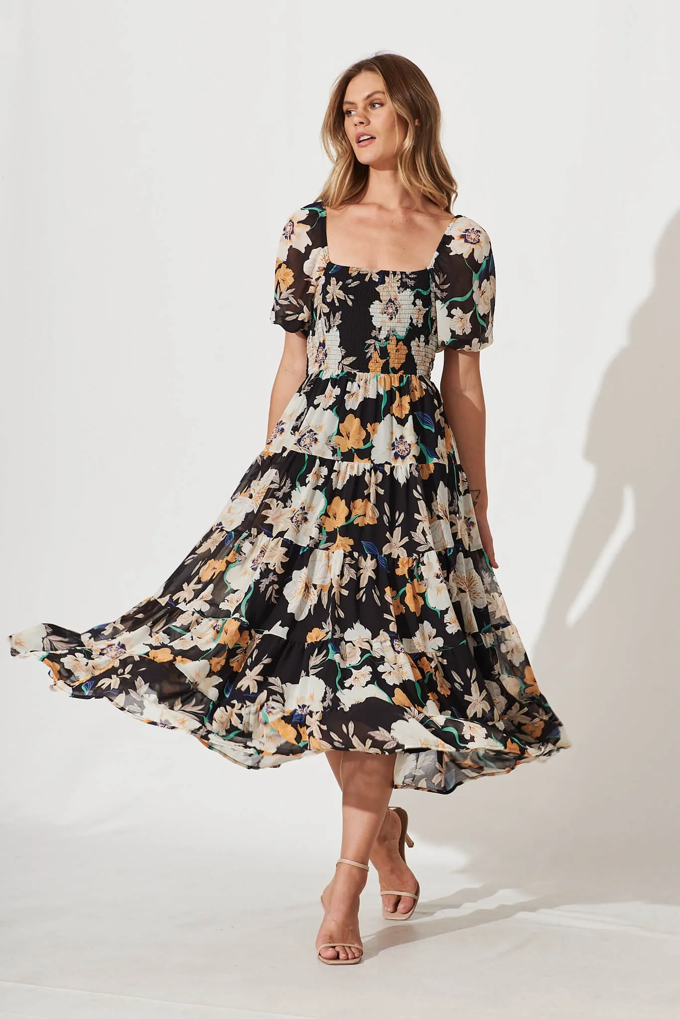 Kaito Midi Dress In Black With Cream Multi Floral Print sold by St Frock