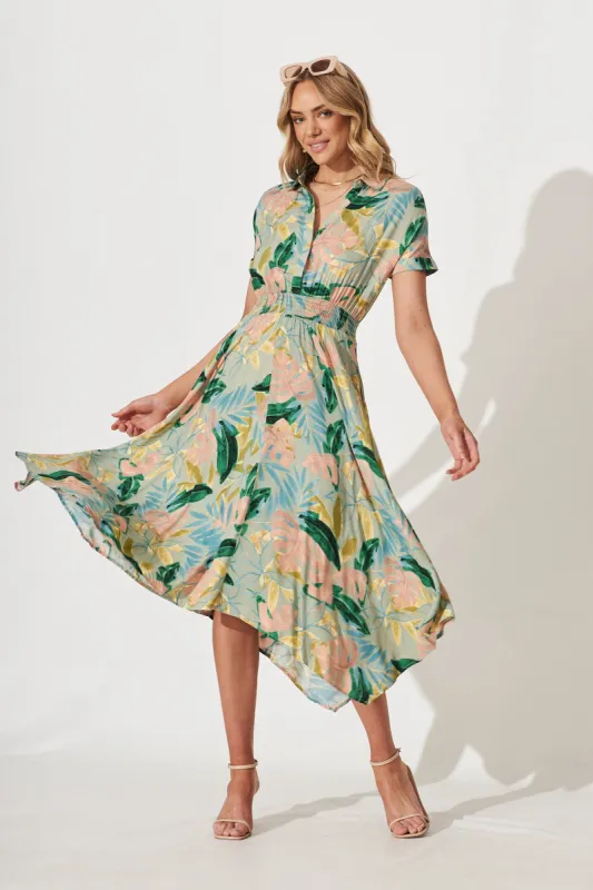 Morganite Midi Dress In Sage Multi Leaf Print sold by St Frock