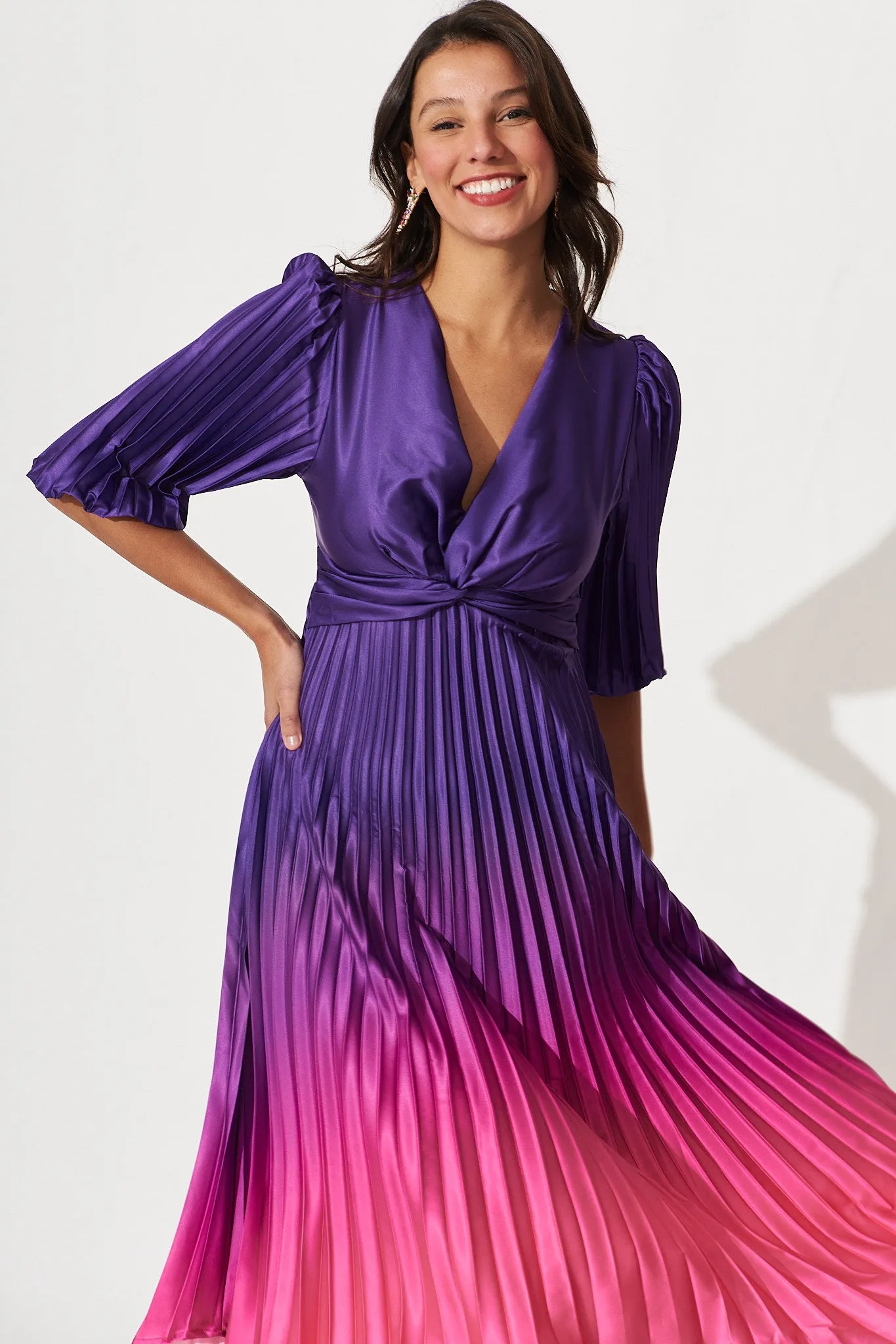 Florence Midi Dress In Purple Ombre Pleated Satin sold by St Frock product image thumbnail 2