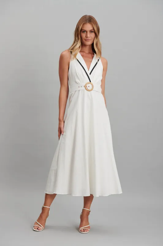 Enchanter Midi Dress In White Linen Cotton sold by St Frock