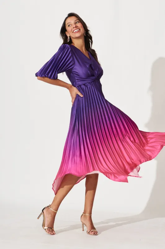 Florence Midi Dress In Purple Ombre Pleated Satin sold by St Frock