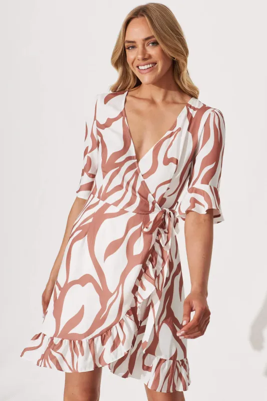 Karina Wrap Dress In White With Tan Swirl Print Linen Blend sold by St Frock