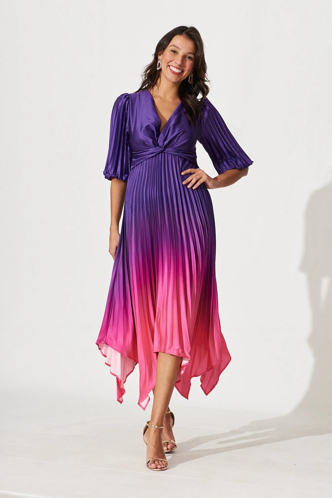 Florence Midi Dress In Purple Ombre Pleated Satin sold by St Frock product image thumbnail 5