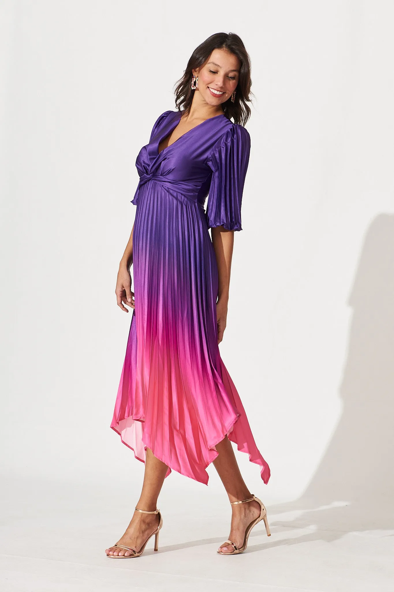 Florence Midi Dress In Purple Ombre Pleated Satin sold by St Frock product image thumbnail 3