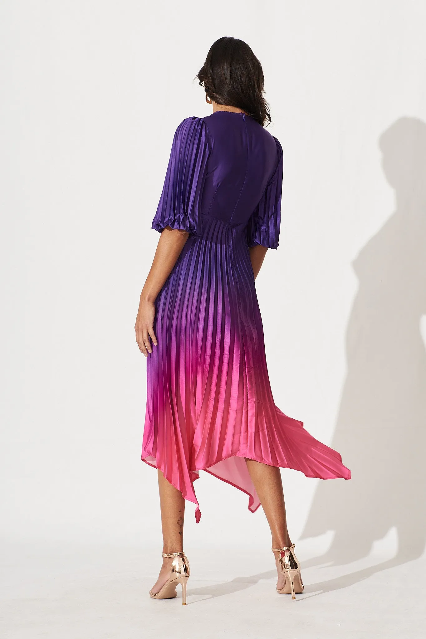 Florence Midi Dress In Purple Ombre Pleated Satin sold by St Frock product image thumbnail 4