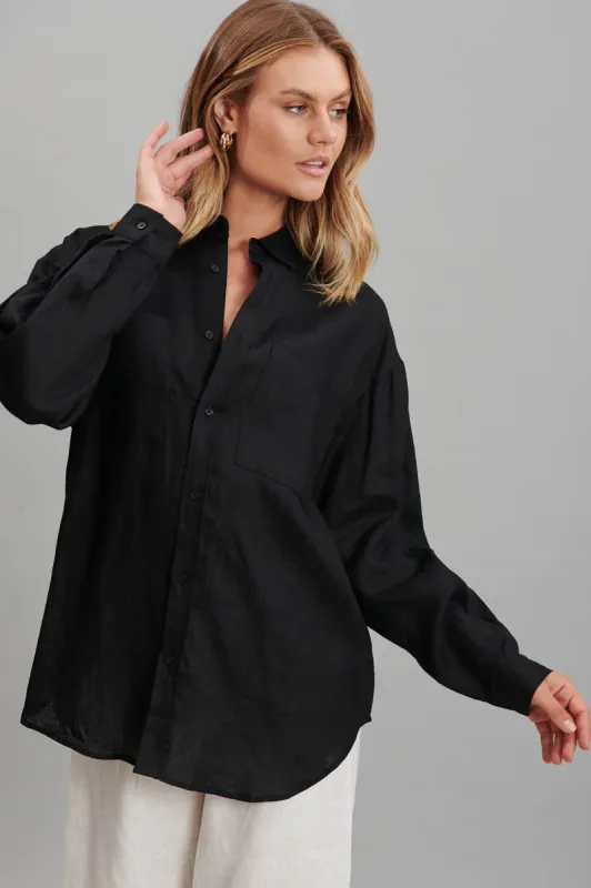 Yola Shirt In Black Pure Linen sold by St Frock