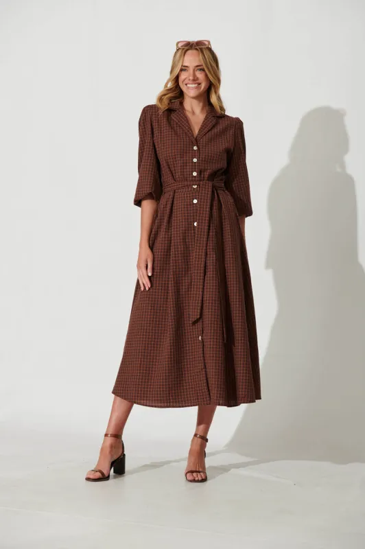 Laurel Maxi Shirt Dress In Brown Check Cotton sold by St Frock