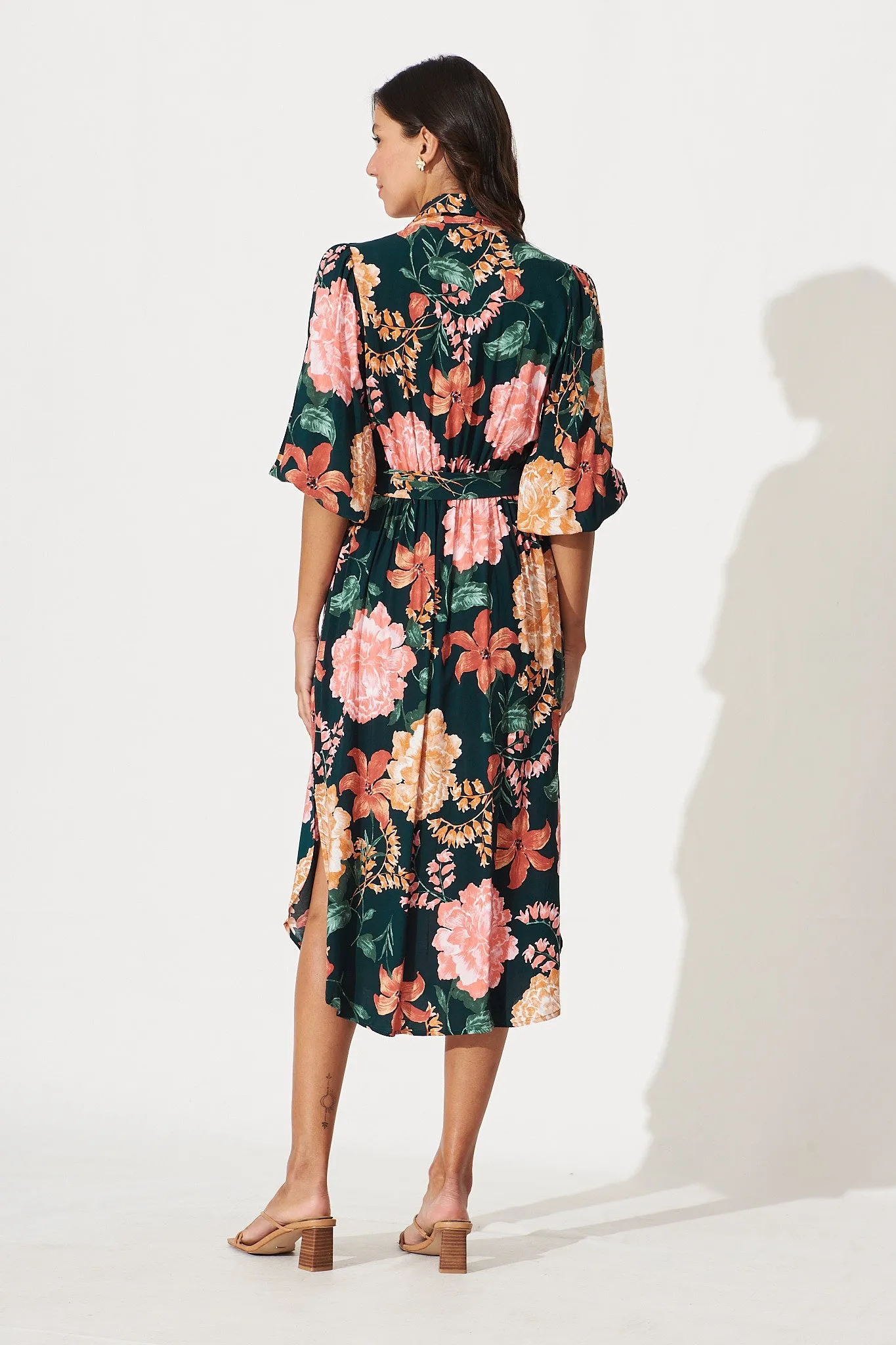 Francy Midi Shirt Dress In Emerald With Apricot Floral sold by St Frock product image thumbnail 4