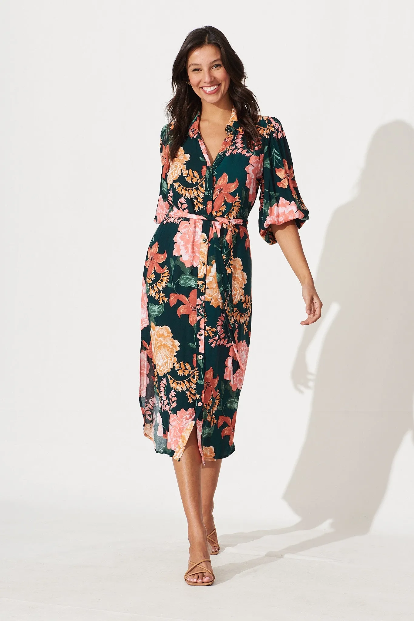 Francy Midi Shirt Dress In Emerald With Apricot Floral sold by St Frock