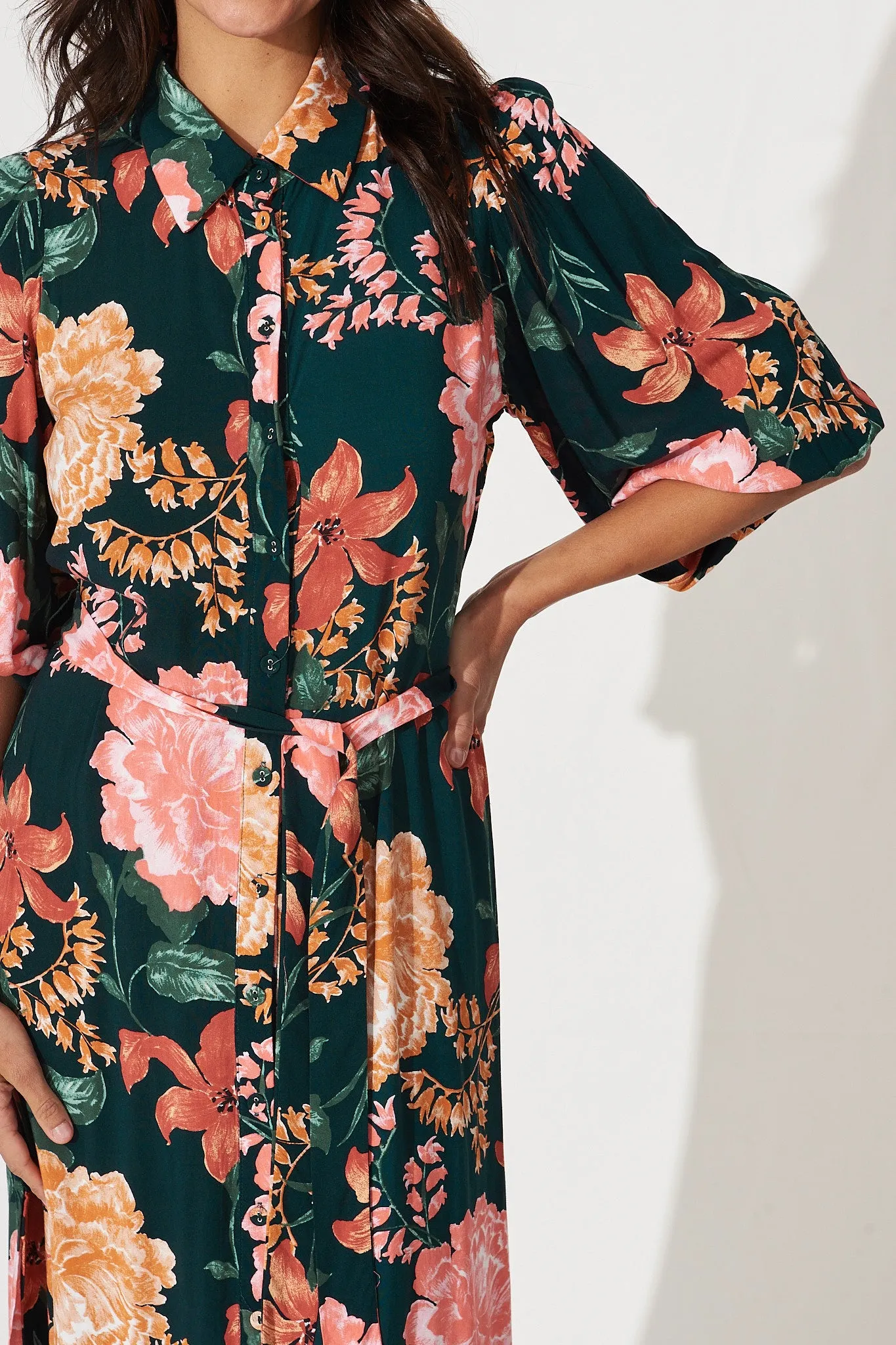 Francy Midi Shirt Dress In Emerald With Apricot Floral sold by St Frock product image thumbnail 5