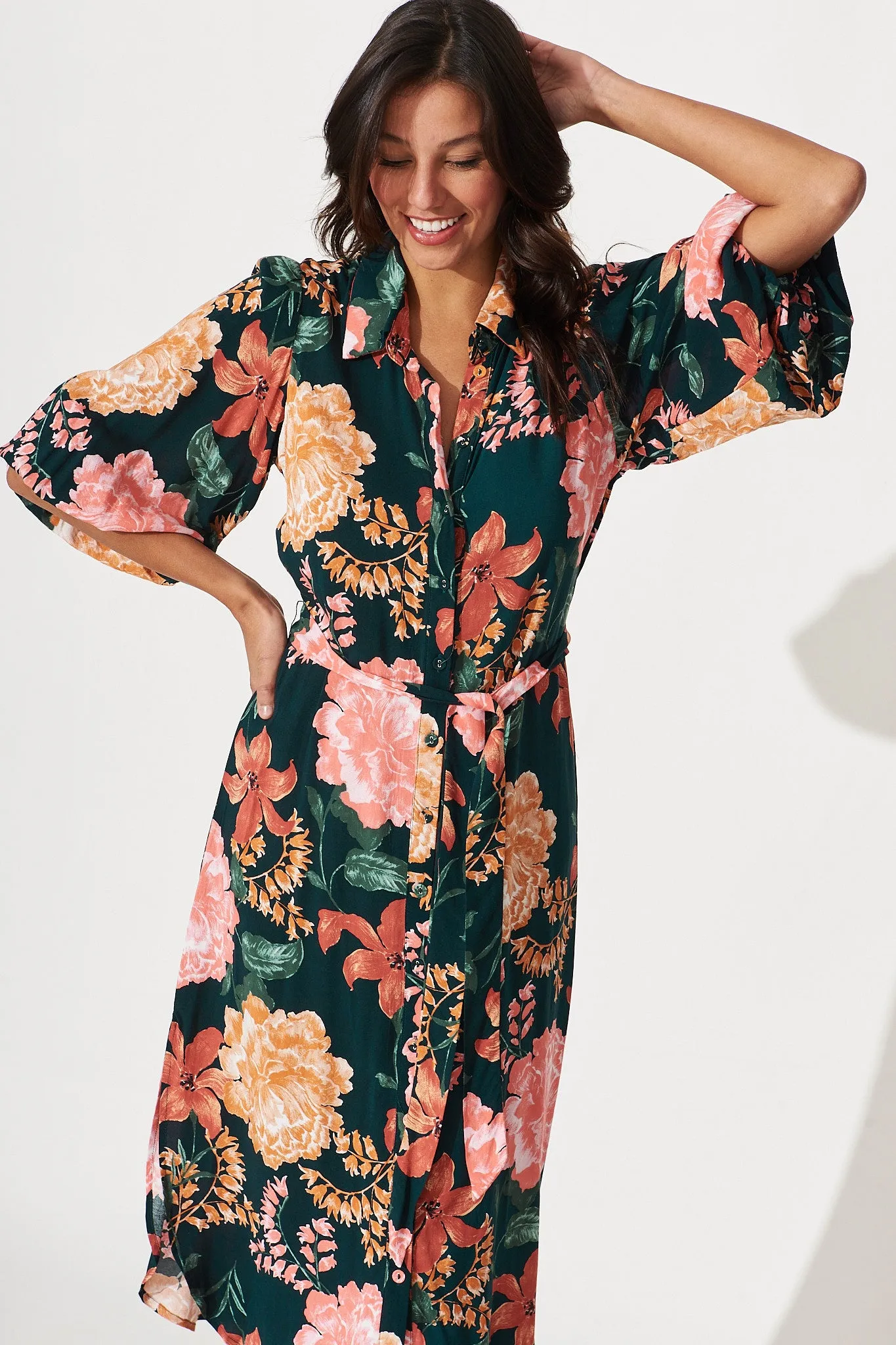 Francy Midi Shirt Dress In Emerald With Apricot Floral sold by St Frock product image thumbnail 2