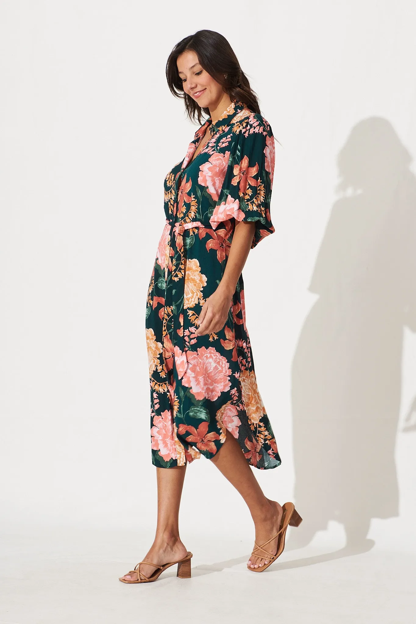 Francy Midi Shirt Dress In Emerald With Apricot Floral sold by St Frock product image thumbnail 3