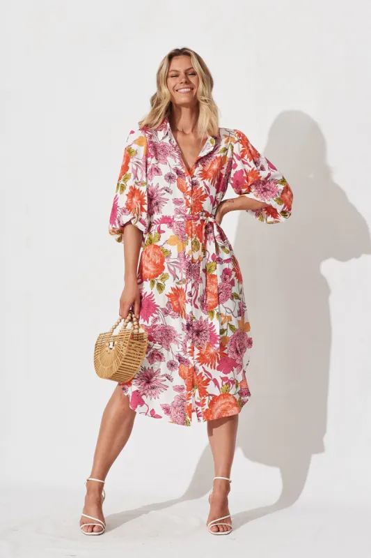 Francy Midi Shirt Dress In Orange And Pink Floral sold by St Frock