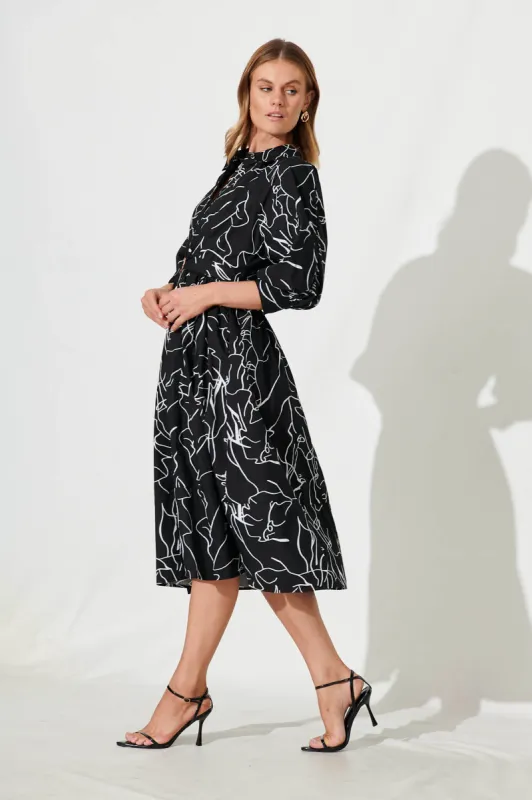 Jenna Midi Shirt Dress In Black With White Print Cotton sold by St Frock